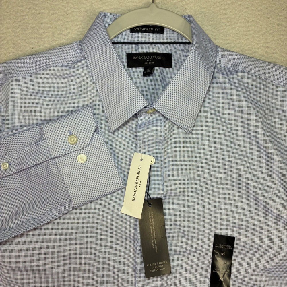 Banana Republic Untucked Dress Shirt Men M Blue Slim Non-Iron Button Preppy NWT - Picture 1 of 8